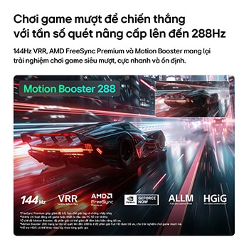 LG QNED evo AI QNED82 Mini LED for Ultimate Gameplay shows a vibrant, high-speed racing scene with a blurred comparison inset highlighting Motion Booster 288, while supporting 144Hz, VRR, AMD FreeSync, ALLM, HGiG, and GeForce NOW.